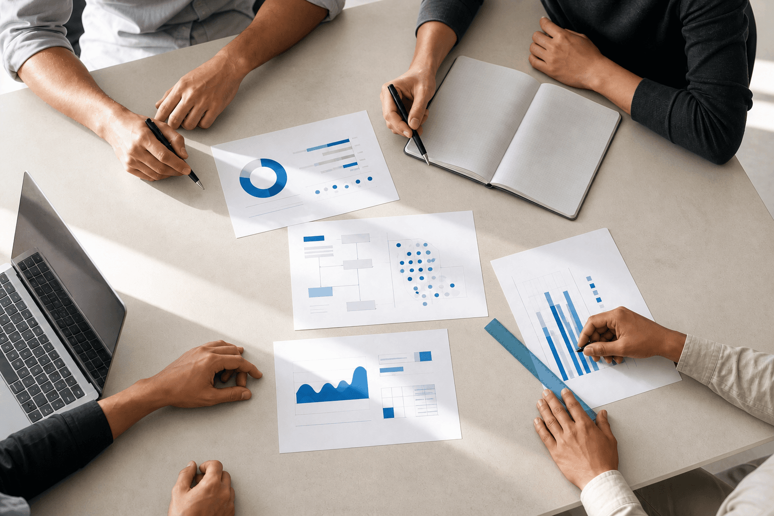 Equipo analizando indicadores, procesos y decisiones alrededor de una mesa de trabajo